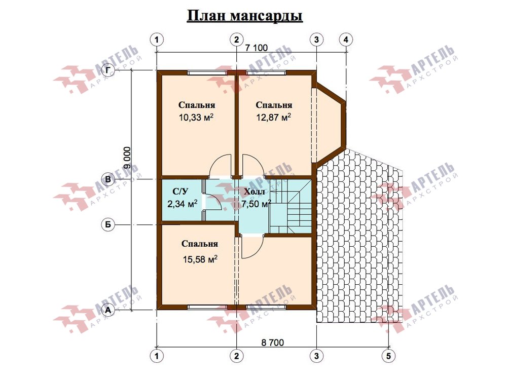 двухэтажный дом из профилированного бруса площадью от 100 до 150 кв. м. с  верандой, мансардой, эркером, проект Вариант 6 Л фотография 5896