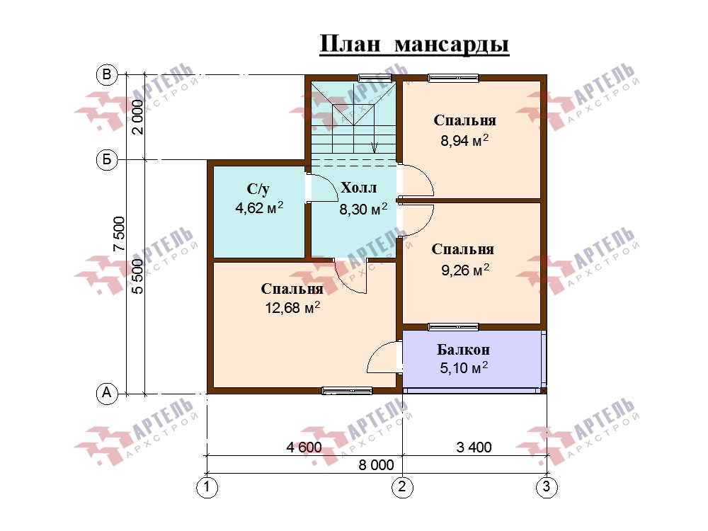 двухэтажный дом из профилированного бруса площадью до 100 кв. м. с  балконом, мансардой, проект Вариант 7.5 Д фотография 5763